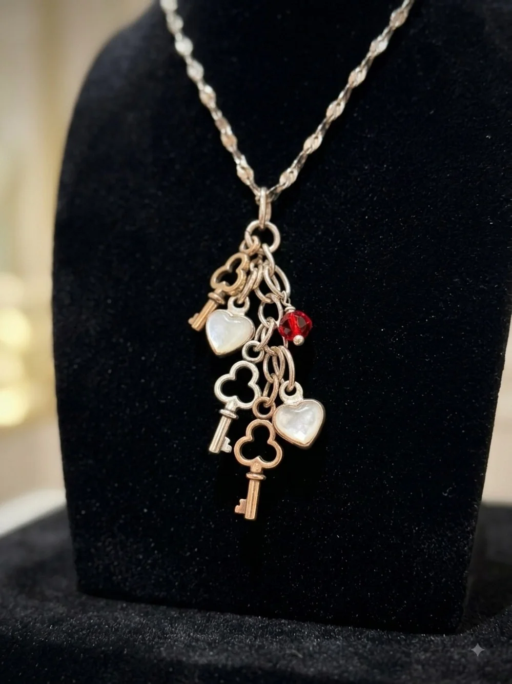 Silver Key & Heart Charm Necklace with Red Accent - Women Jewelry
